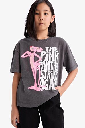 DeFacto Kız Çocuk Pink Panther Oversize Geniş Kalıp Bisiklet Yaka Kısa Kollu Tişört D8826A825SPAR15