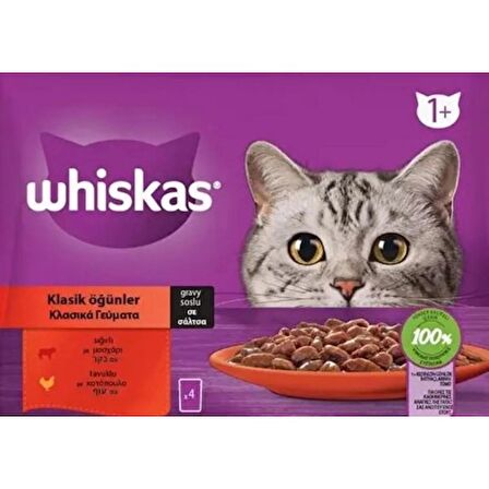 Whiskas Sığırlı ve Tavuklu Yetişkin Kedi Yaş Maması 4X85 gr (13 paket,52 Adet Tekli)