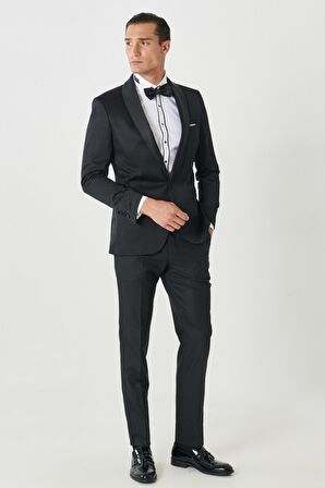 Erkek Siyah Slim Fit Dar Kesim Mono Yaka Desenli Klasik Smokin Takım