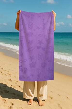 Hızlı Kuruyan Plaj Havlusu %100 Pamuk Purple Beach  Vibes Plaj Havlusu - Mor