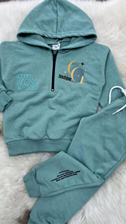 Yeşil Yarı Fermuarlı Silikon Kabartma Baskılı Eşofman Takım