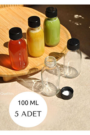 100 ml Cam Şişe Şeffaf Kilitli Sızdırmaz Siyah Kapaklı Meyve Suyu Detox 5 Adet