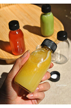 100 ml Cam Şişe Şeffaf Kilitli Sızdırmaz Siyah Kapaklı Meyve Suyu Detox 5 Adet