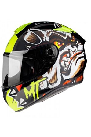 -Mt Targo Crazydog V14 Flo Yellow Kask Siyah Vizörlüdür