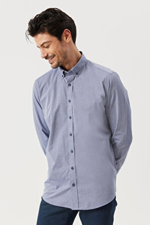 Erkek Lacivert Slim Fit Dar Kesim Düğmeli Yaka Desenli Gömlek