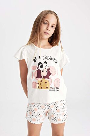 DeFacto Kız Çocuk Pijama Takımı Bisiklet Yaka Baskılı Kısa Kollu Üst Şort D2066A824SMER99