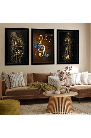 Gold Aynalı Lı Üçlü Mdf Tablo Ve Saat Seti