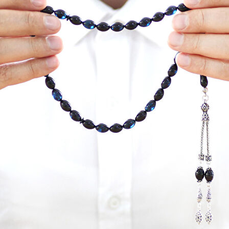 925 Ayar Gümüş Çift Püsküllü Arpa Kesim Mavi-Siyah Sıkma Kehribar Tesbih