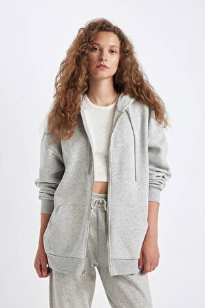 DeFacto Oversize Geniş Kalıp Kapüşonlu Cepli Basic Düz Fermuarlı Sweatshirt V4233AZ24WNGR256