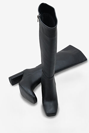 Kadın Fermuarlı Kalın Ökçe Topuklu Çizme İslor Siyah