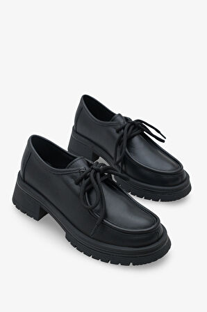 Kadın Hakiki Deri Loafer Bağcıklı Kalın Taban Günlük Ayakkabı Jekos Siyah