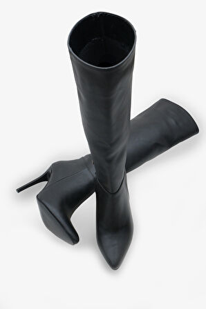 Kadın Sivri Burunlu Topuklu Yandan Fermuarlı Günlük Çizme Masi Siyah