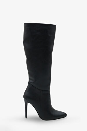 Kadın Sivri Burunlu Topuklu Yandan Fermuarlı Günlük Çizme Masi Siyah