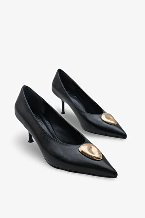 Kadın Sivri Burun Gold Tokalı Günlük Topuklu Stiletto Peris Siyah