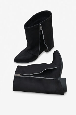 Kadın Yandan Fermuarlı Sivri Burun Günlük Bot Volara Siyah Süet