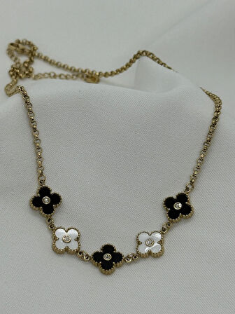 Jewels of Hope Siyah-Beyaz Yonca Kolye 316L Paslanmaz Çelik Antialerjik 45 Cm