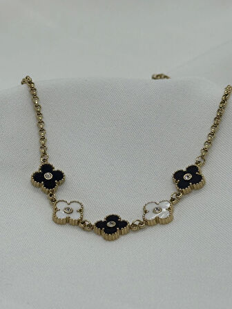 Jewels of Hope Siyah-Beyaz Yonca Kolye 316L Paslanmaz Çelik Antialerjik 45 Cm