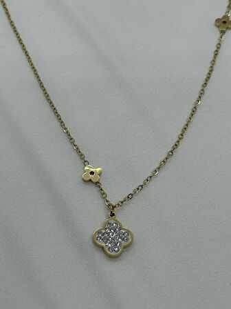 Jewels of Hope Zirkon Taşlı Altın Rengi Yonca Kolye 316l Paslanmaz Çelik Antialerjik Kolye 51 Cm