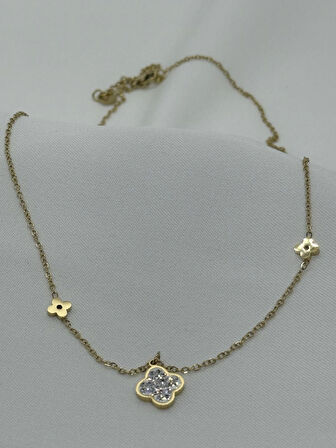 Jewels of Hope Zirkon Taşlı Altın Rengi Yonca Kolye 316l Paslanmaz Çelik Antialerjik Kolye 51 Cm