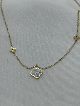 Jewels of Hope Zirkon Taşlı Altın Rengi Yonca Kolye 316l Paslanmaz Çelik Antialerjik Kolye 51 Cm