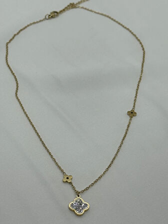 Jewels of Hope Zirkon Taşlı Altın Rengi Yonca Kolye 316l Paslanmaz Çelik Antialerjik Kolye 51 Cm