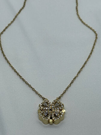 Jewels of Hope Zirkon Taşlı Açılabilir Kalp Detaylı Altın Renk Yonca Kolye 316L Paslanmaz Çelik Altın Renk Kolye 45 Cm
