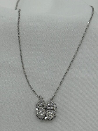 Jewels of Hope 316L Paslanmaz Çelik Zirkon Taşlı Açılabilir Kalp Detaylı Gümüş Renk Yonca Kolye 45 cm