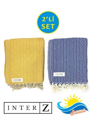 2'li Set Peştemal Plaj Havlusu , %100 Pamuk , Xxl 100x180cm, Bodrum, Sarı Lacivert