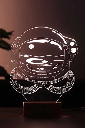 Astronot Figürlü Led Masa Lambası | 7 Işık Rengi | Ahşap Taban