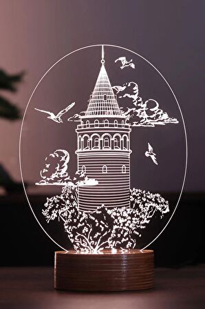 Galata Kulesi Led Masa Lambası | 7 Işık Rengi | Ahşap Taban