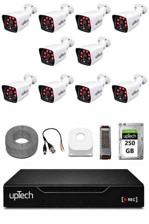 UPTECH 10 Kameralı Güvenlik Kamera Seti 2MP 1080P Full HD 6 Atom LED Gece Görüşlü 250GB HDD 5525