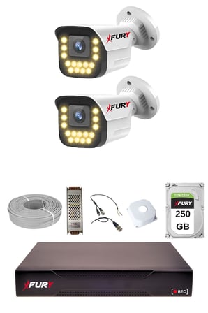 FURY 2 li 15 Warm Led Gece Renkli Görüş Su Geçirmez Güvenlik Kamerası Seti 250GB