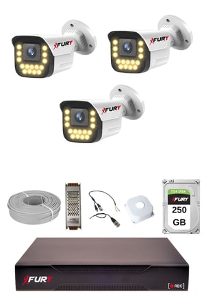 FURY 3 LÜ 15 Warm Led Gece Renkli Görüş Su Geçirmez Güvenlik Kamerası Seti 250GB