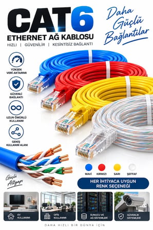 FURY CAT6 MAVİ Ethernet Kablosu 2 Metre RJ45 LAN İnternet Modem Router Bilgisayar Kablosu