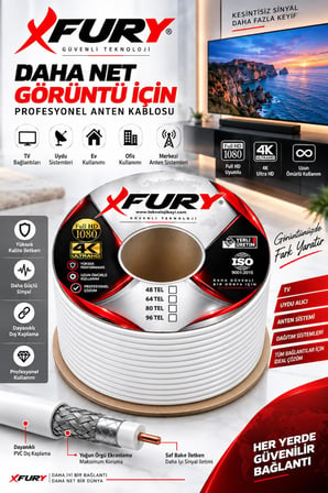 FURY 64 Tel RG6-U6 Koaksiyel TV ve Uydu Anten Kablosu 100 Metre