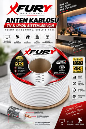 FURY 64 Tel RG6-U6 Koaksiyel TV ve Uydu Anten Kablosu 100 Metre