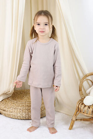Basic Fitilli İnterlok Kumaş %100 Pamuk 1-5 Yaş Vizon Bebek Pijama Takımı