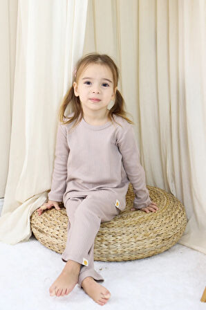 Basic Fitilli İnterlok Kumaş %100 Pamuk 1-5 Yaş Vizon Bebek Pijama Takımı
