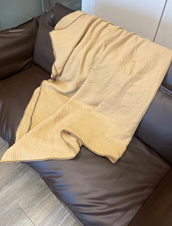 Joy %100 Pamuk 4 Kat Müslin Throw TV Battaniyesi & Koltuk Şalı Gold Bej