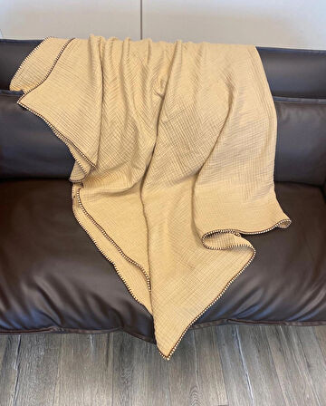 Joy %100 Pamuk 4 Kat Müslin Throw TV Battaniyesi & Koltuk Şalı Gold Bej