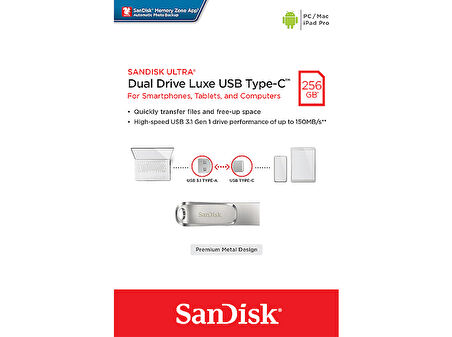 SANDISK Ultra Dual Drive Luxe USB Type-C 256GB USB 3.1 Gen 1 Taşınabilir USB Bellek Gri