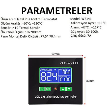 YATE10 W2142A-220V/7A PID Kontrollü Termostat