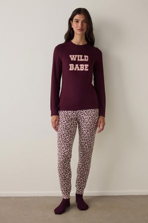 Bordo  Sloganlı Uzun Kollu Termal Etkili Pijama Üstü