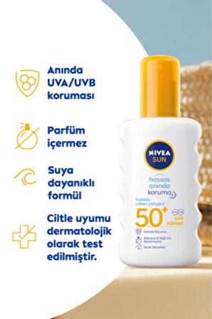 Nivea SUN Yüksek Güneş Koruyucu Sprey 200ml, Hassas Ciltler İçin Yatıştırıcı, UVA Koruması, Anında Koruma