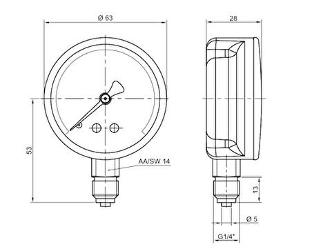 Pakkens Çap 63 0/1 Bar Kuru Tip Basınç Ölçer, Manometre, Basınç Göstergesi 1/4''