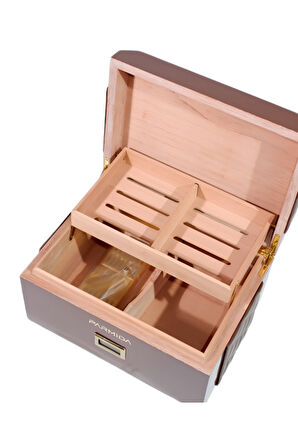 Parmida Kahverengi Deri Şeritli Çekmeceli  Sedir Humidor Puro Kutusu