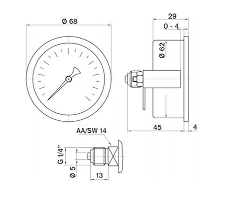 Pakkens 0-600 Bar 63 mm Arkadan Bağlantılı Panotipi Kuru Manometre G 1/4 inç