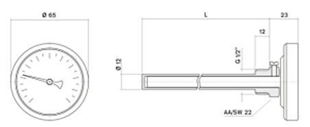 Pakkens Termometre 0-160 °C Çap 63 mm Daldırma Boyu 5 cm Arkadan Bağlantılı G 1/2 inç