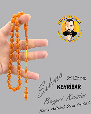 HASAN AKTÜRK ÇUBUK SIKMA KEHRİBAR TESBİH 9X11.5mm BEYZİ KESİM