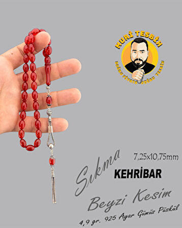 MURİ TESBİH 4,9 GR 925 AYAR GÜMÜŞ PÜSKÜL SIKMA KEHRİBAR BEYZİ KESİM 7,25X10,75
